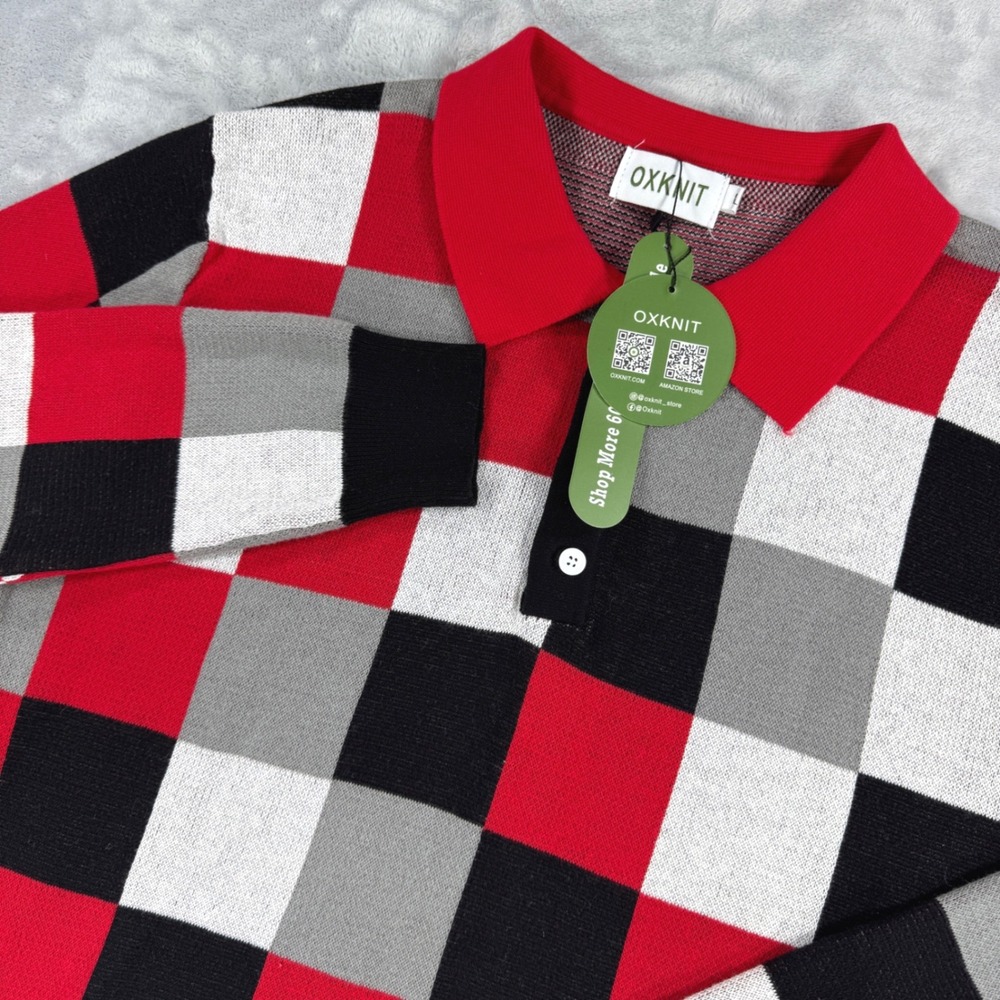OXKNIT Red Vintage Checkered Artistic Fashion Knit Polo Sweater Mens L Retro